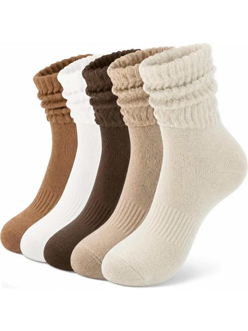 🧦Women's Beige Khaki 5 Pair Slouchy Socks Slouch Cotton Crew Scrunch Socks